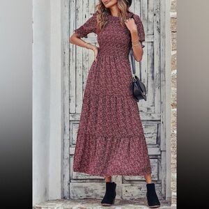 Burgundy Printed Tiered Maxi Dress - Women's Summer Dress